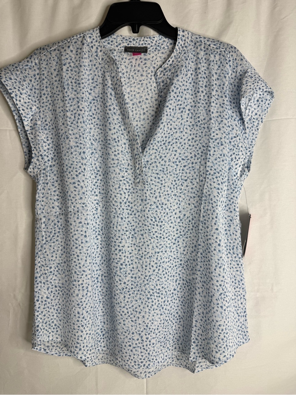 Light Blue White Polka Dot V-Neck Cap Sleeve Woven Blouse 100% Polyester S